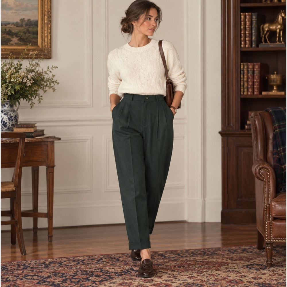 Lauren Ralph Lauren Green Worsted Wool Pleated Cuffed Trousers 8P Vintage 90s